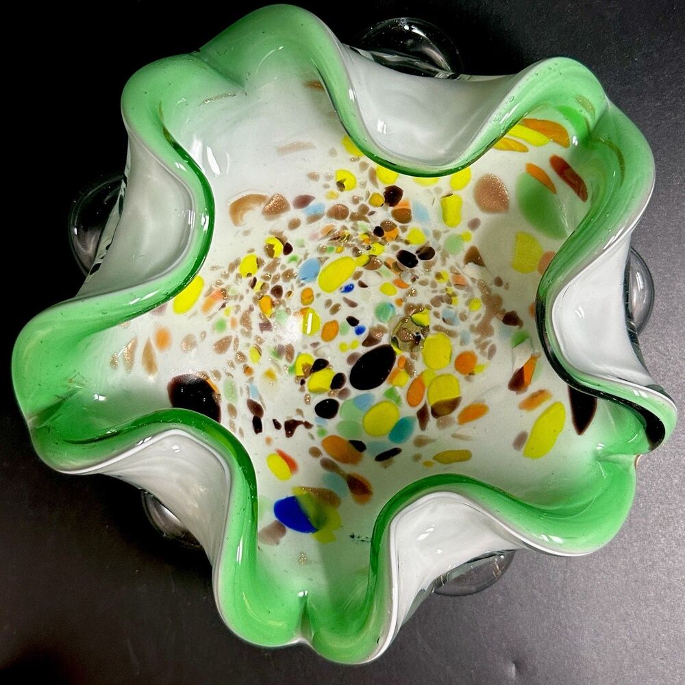 Vintage Murano Tutti Frutti Flower Glass Bowl 9" AVEM Dino Martens Style Ruffled
